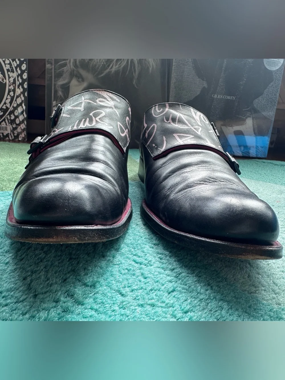 Fluevog Twin Turbine 205 Pine Street black graphic print monk strap shoe -M8/W10